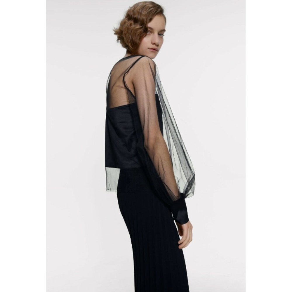 Zara Combined Tulle Blouse Semi-Sheer Long Sleeve - Picture 6 of 8